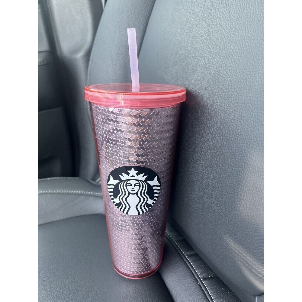 STARBUCKS PINK Rose SEQUIN Venti Tumbler Cup 24 Oz W Straw And Lid 2017 flawless